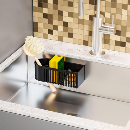 Sink Caddy & Kitchen Sink Organizer,Black Sponge Holder with High Scrub Brush Holder,Plastic Kitchen Countertop Organizer,Multifunctional Sponge Drain Rack,Dish Soap,Dish Sponge Holder,Soap Dispenser