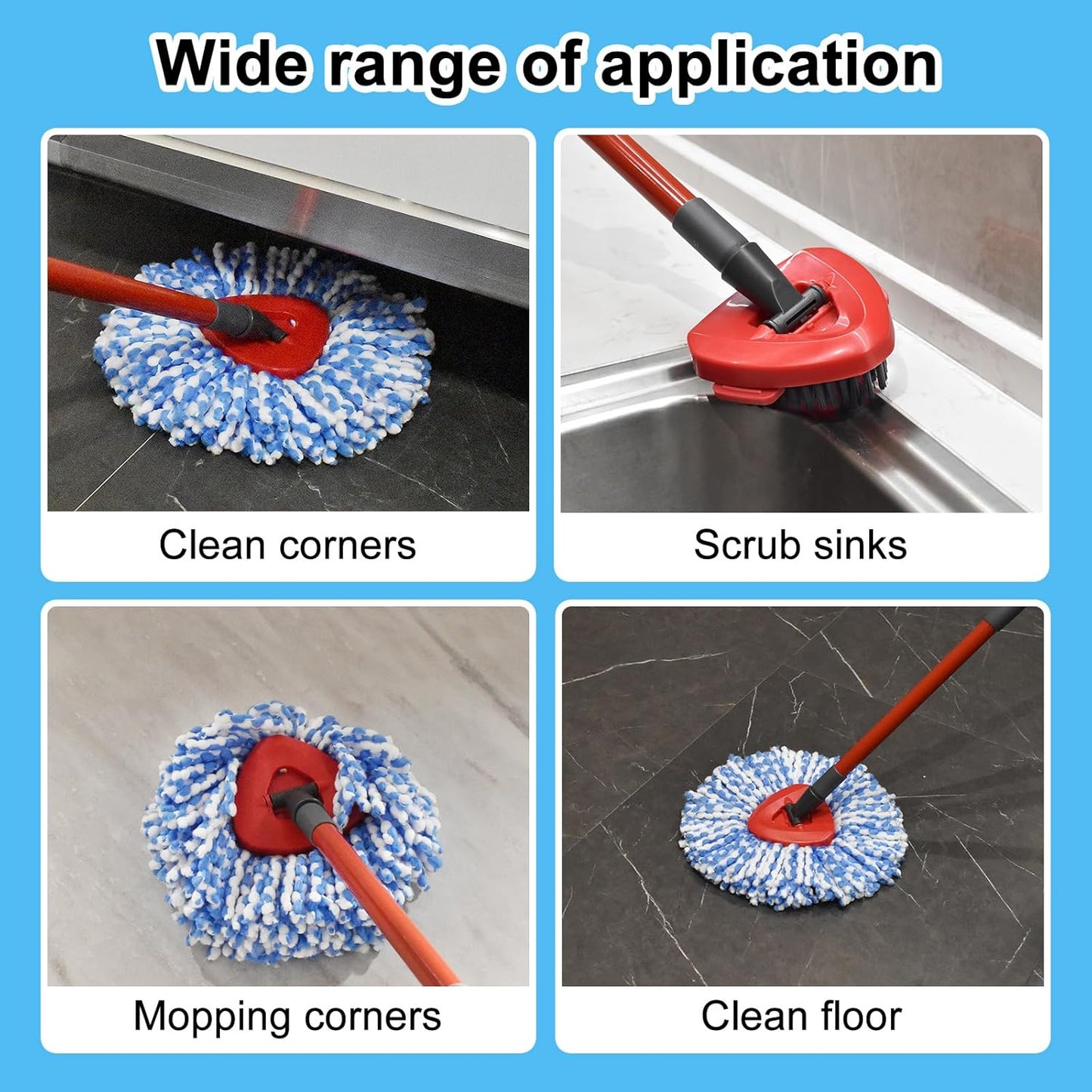 Spin Mop Handle,Mop Replace Heads,Brush and Base Compatible with O Cedar EasyWring 1 Tank,2 Microfiber Mop Refills and Brush,4-Section 30-58" Mop Handle,Mop Base Combo Set for Wet/Dry Floor Cleaning