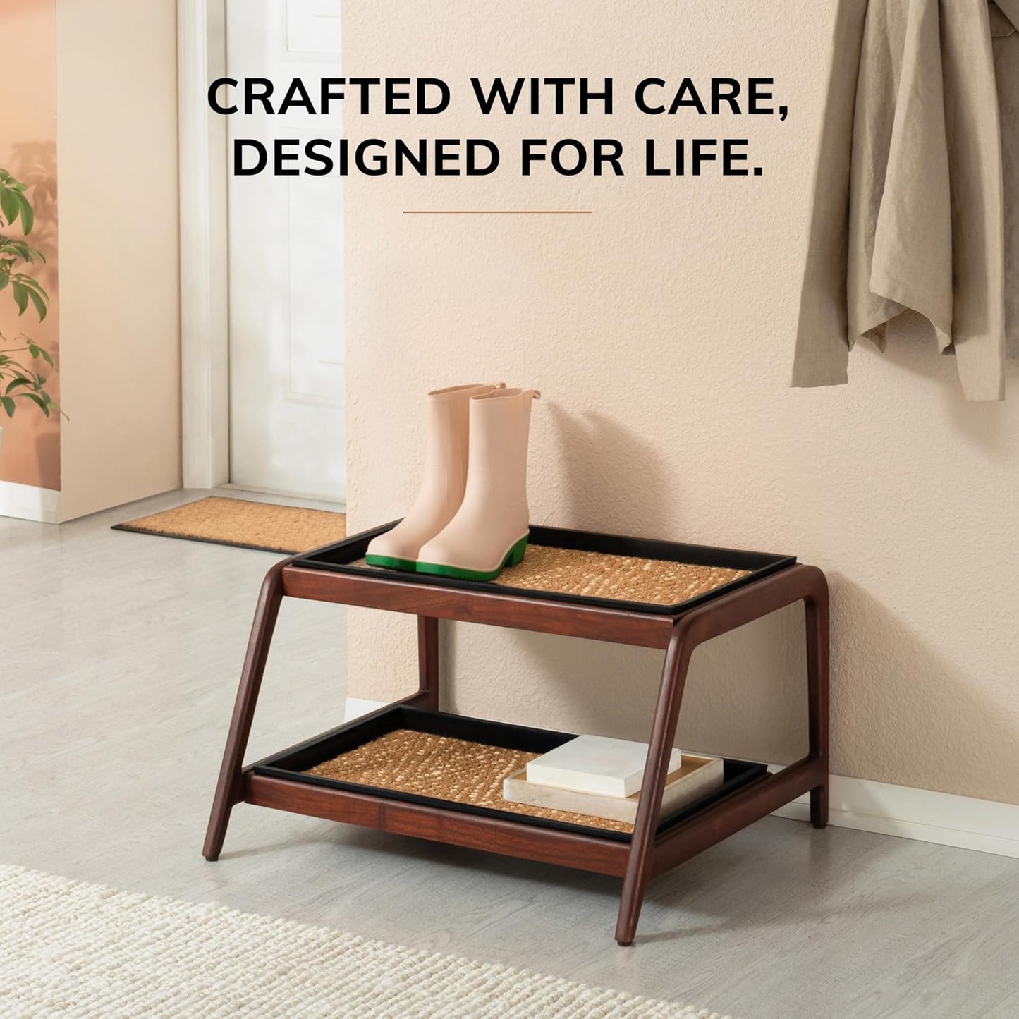 Anji Mountain Heavy Duty Waterproof Wooden Shoe Storage Mat Organizer/Boot Storage Tray Multi Use for Entryway with Coir, Gray and Ivory Insert, 1 Tier, Fits 2 Pair (26.5" Wide)