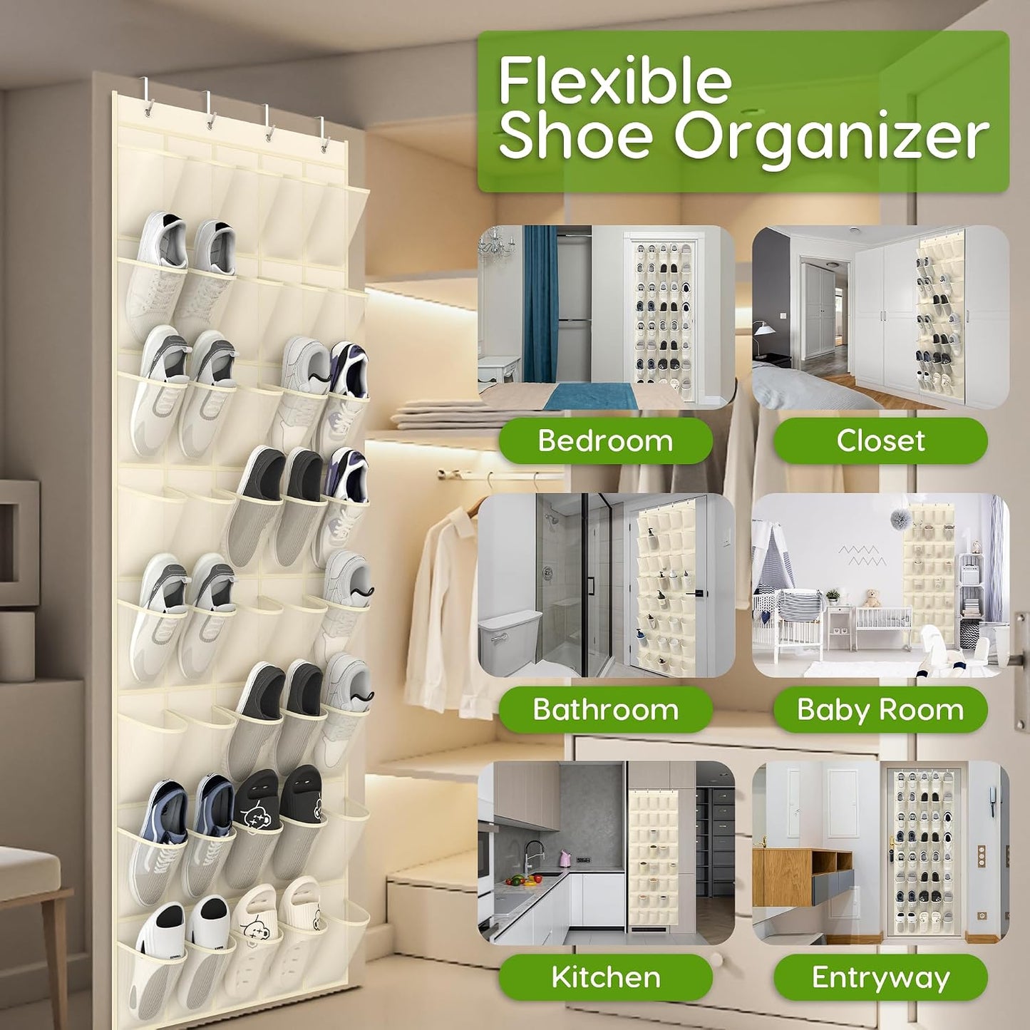 Over the Door Shoe Organizer with 40 Large Breathable Mesh Pockets, Space Saving Shoe Holder, Hanging Shoe Rack for Entryway Bedroom Closet Storage (White, 40 Pockets)