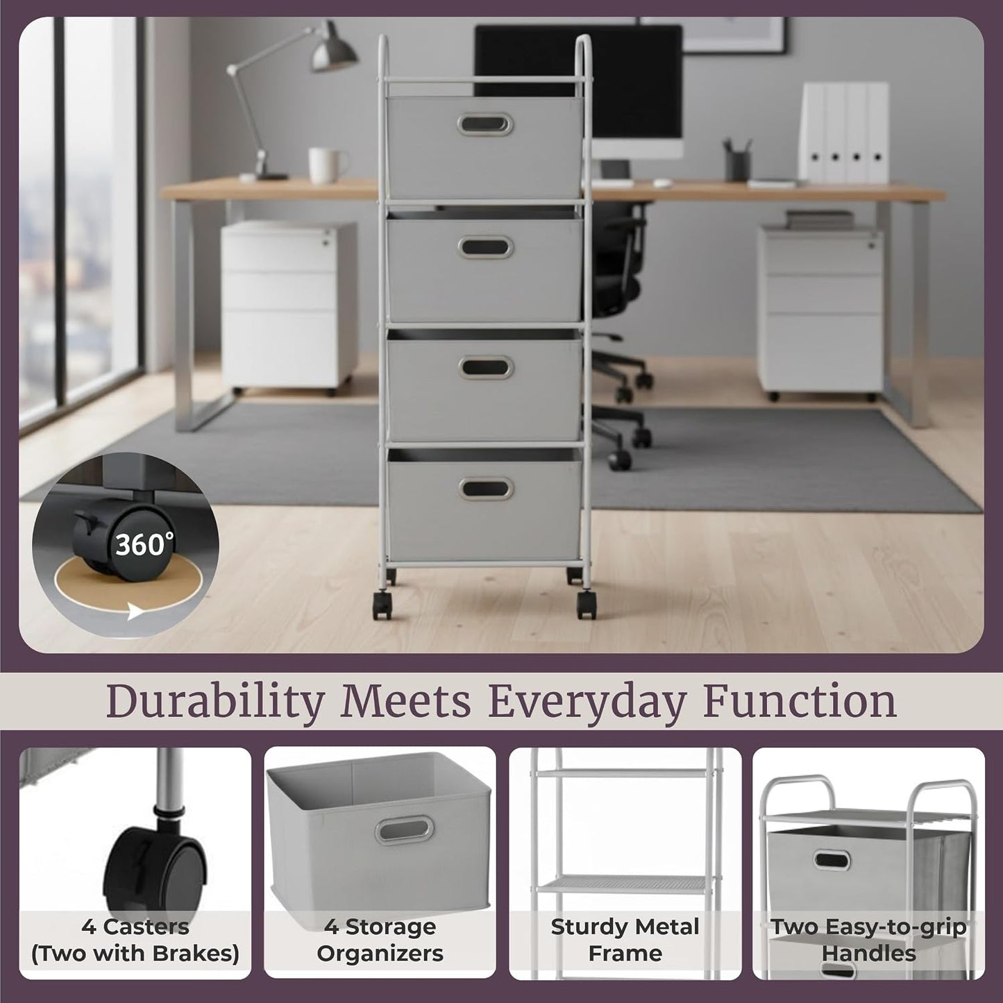 4-Drawer Fabric Dresser - Slim Clothes Storage Organizer with Wheels and Metal Frame - Rolling Cart for Closet, Home, or Office by Lavish Home (Gray)