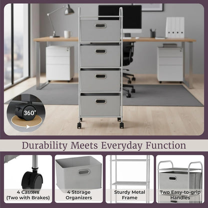 4-Drawer Fabric Dresser - Slim Clothes Storage Organizer with Wheels and Metal Frame - Rolling Cart for Closet, Home, or Office by Lavish Home (Gray)
