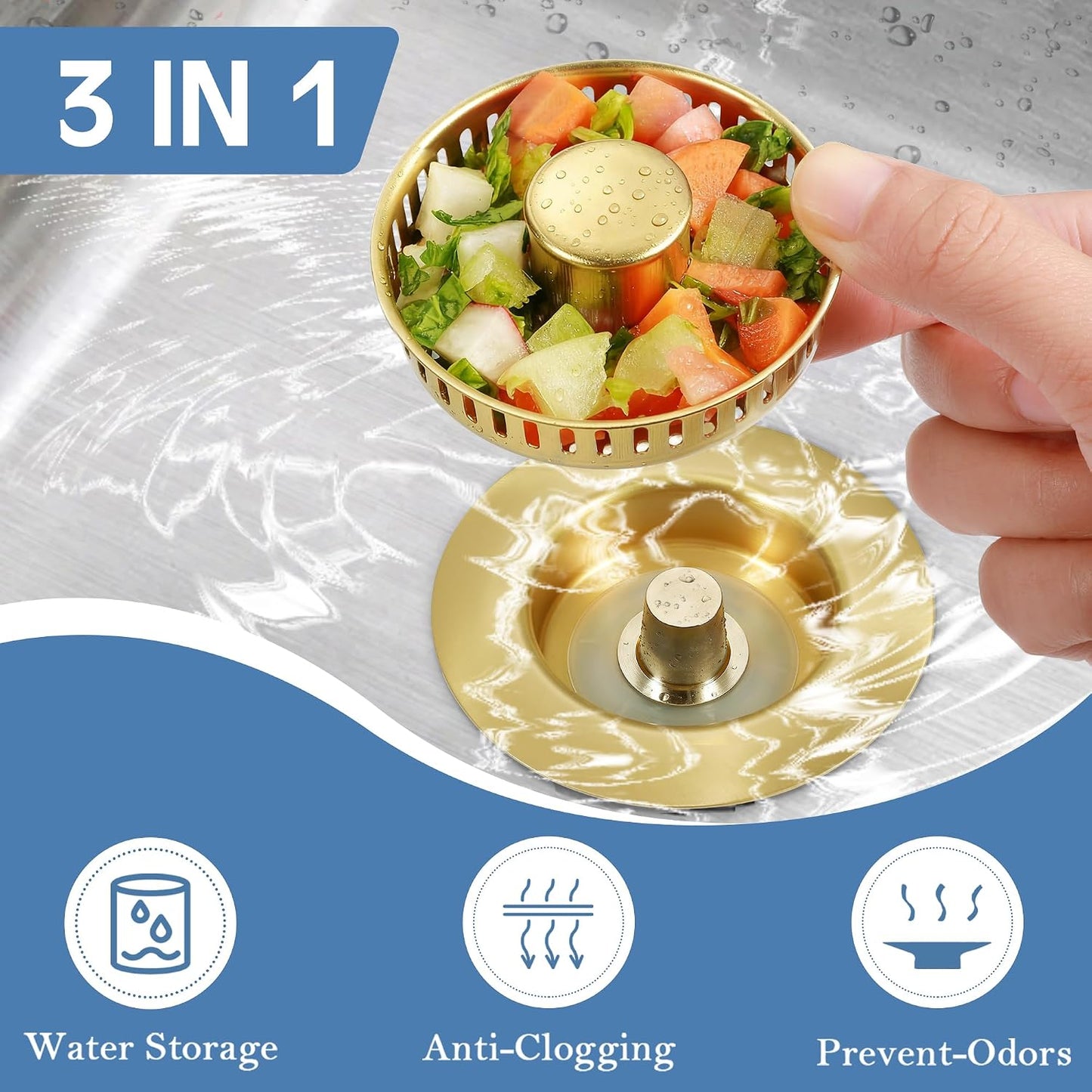 Sink Drain Strainer 3 in 1, 304 Stainless Steel Pop Up Kitchen Sink Stopper with Anti-Clogging Basket, Kitchen Essential Drain Anti-Clog Gadgets, Fits US Standard 3-1/2'' Sink Drain (SUS 304 Brushed)