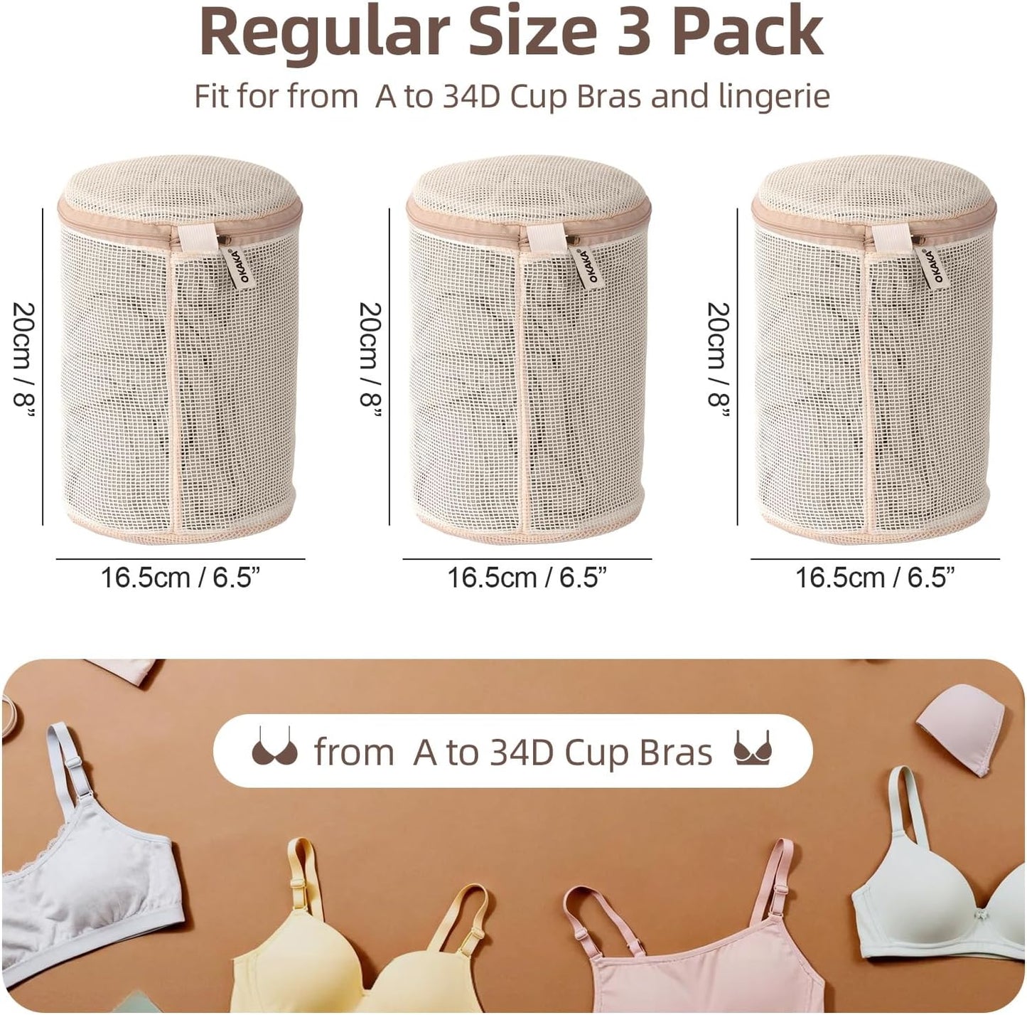 100% Pure Cotton Mesh Laundry Bags, Bra Lingerie Wash Bags for Delicates, No Dye, Set of 3, Natural(8x6.5 Inch)