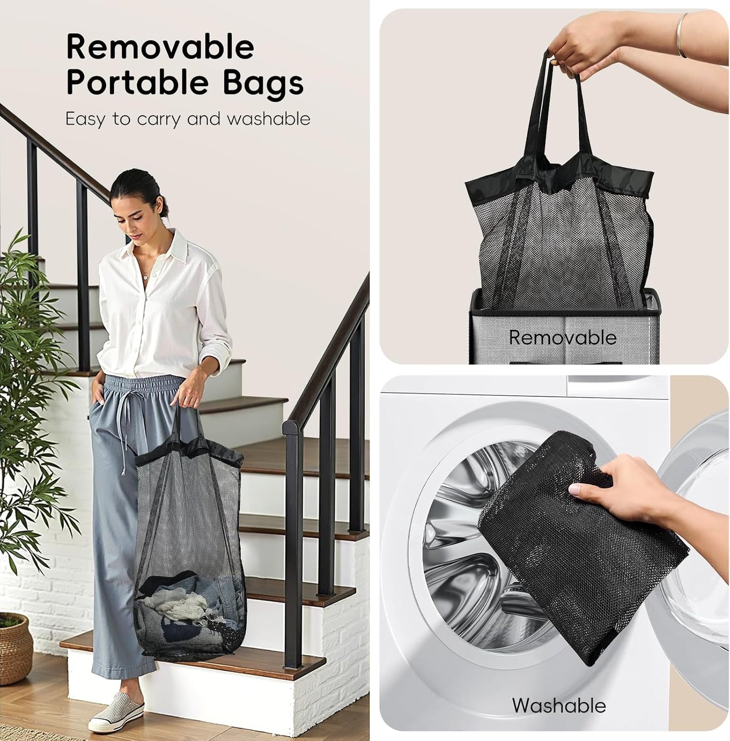 185L Laundry Hamper 3 Section, Laundry Hamper with Lid, Dirty Clothes Hamper with 3 Removable Washing Bags, Extra Large Laundry Basket Organizer for Bedroom, Laundry Room, Dorm - Black