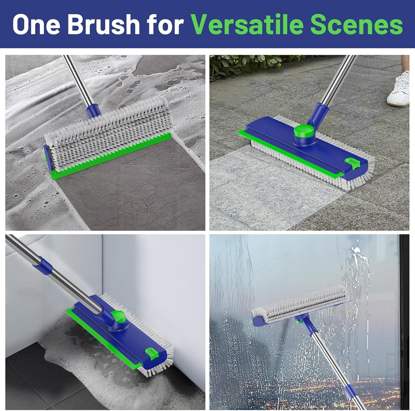 3 in 1 Floor Scrub Brush with Long Handle & Squeegee | Heavy-Duty, Adjustable, 360° Rotating Head for Cleaning Tile Bathroom Deck Kitchen Patio, Blue