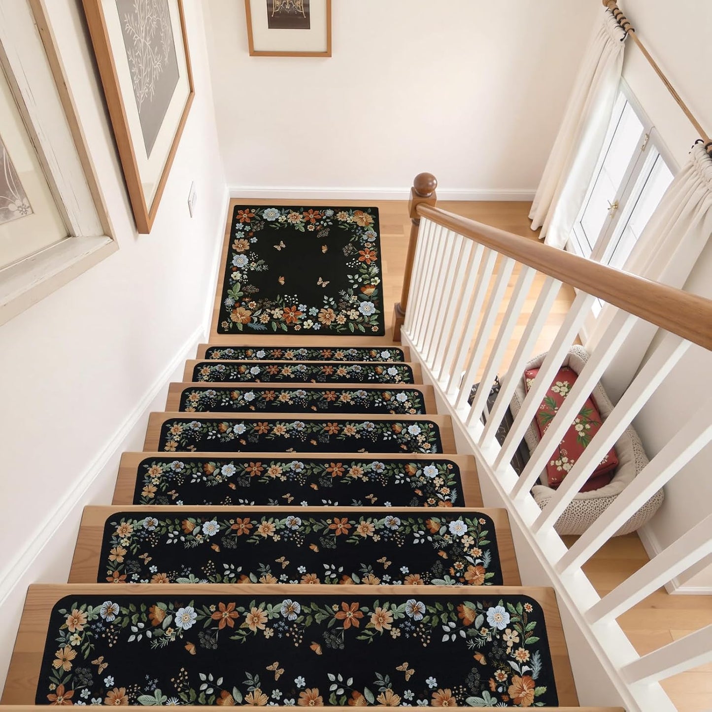 OJIA Floral Stair Treads Non-Slip Carpet Stair Treads for Wooden Steps Indoor 15PCS 30"x8" Stair Runner Stair Mats Staircase Step Treads for Kids, Elders and Dogs, Stair Covers, Black