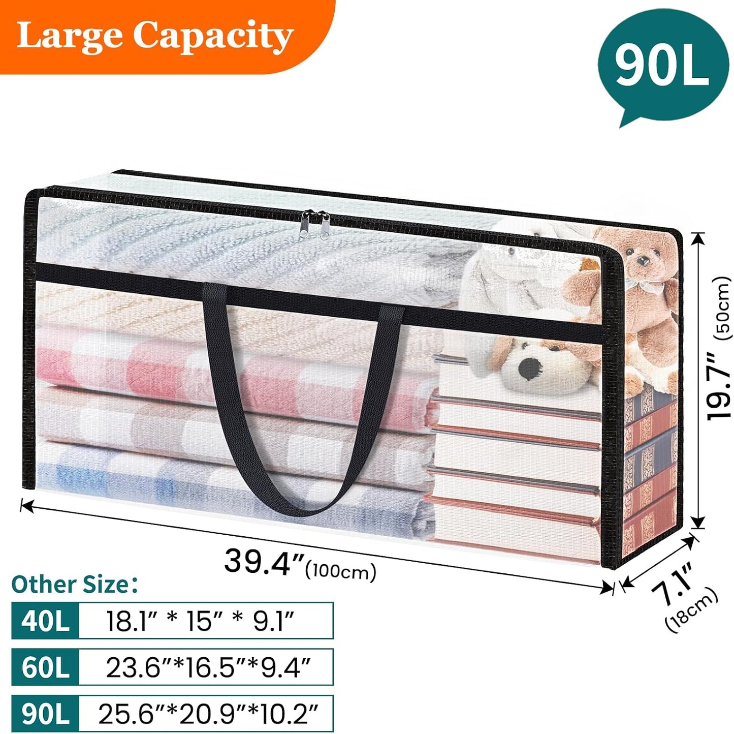 TasticTotes 6 Pack Clear Storage Bags for Comforter, Clothes & Bedding, Plastic Blanket Storage with Zipper and Handle, Moving Bags, Closet Organizer and Under-Bed Storage (40L)