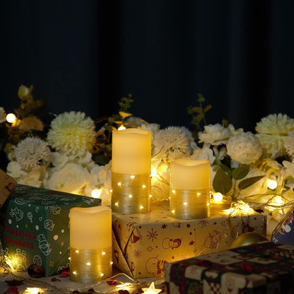 H-BLOSSOM Flickering Flameless Candles Ivory Real Wax Pillar with Embedded String Lights LED Candles Battery Operated with 10 Key Remote and Cycling 5H Timer Set of 3 (3" x 4"/5"/6") (Silver)