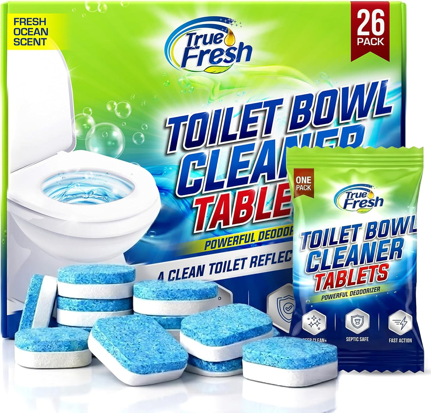 True Fresh Toilet Bowl Cleaner Tablets 26 Pack Deodorizer & Septic Safe Deep Cleaning, Odor Eliminator, Stain Remover for Long-Lasting Freshness Fresh Ocean Scent