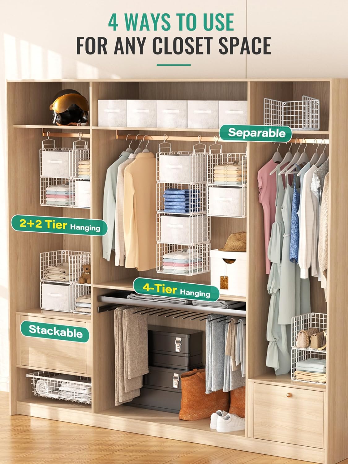 Hanging Closet Organizer, 4 Tier Metal Closet Organizers and Storage with 4 Hanging Hooks 4 S-Hooks for Wardrobe Laundry Room, Wire Storage Shelf for Clothes Sweaters Pants (White)
