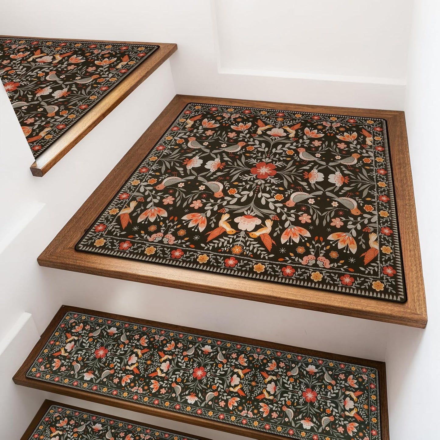 OJIA Floral Stair Treads Non-Slip Stair Runner for Wooden Steps Indoor 15PCS 30"x8" Carpet Stair Treads Stair Mats Staircase Step Treads for Kids, Elders and Dogs, Stair Covers, Black