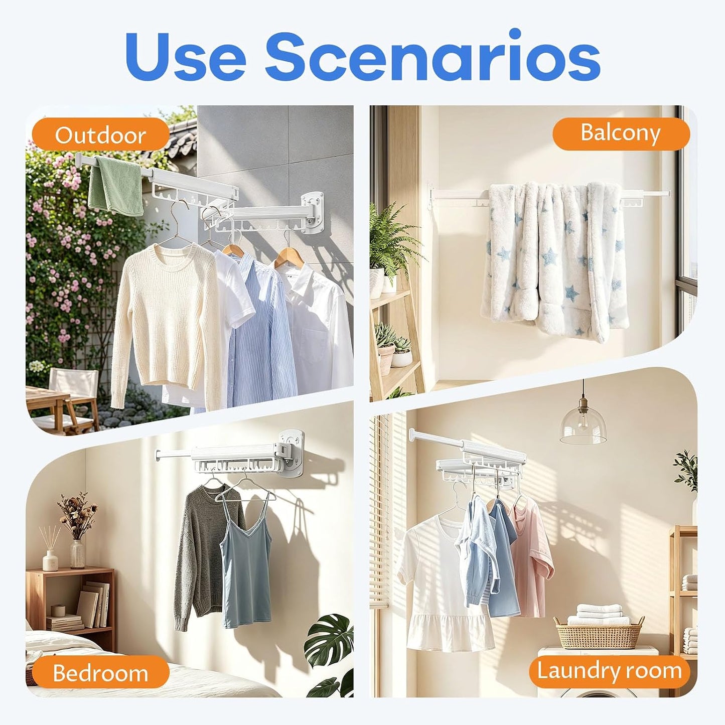 Foldable Wall Mounted Laundry Drying Rack, 3 Fold Retractable Clothes Drying Rack, Durable Clothing Hanger Rack for Laundry Room, Balcony, Bathroom (White)