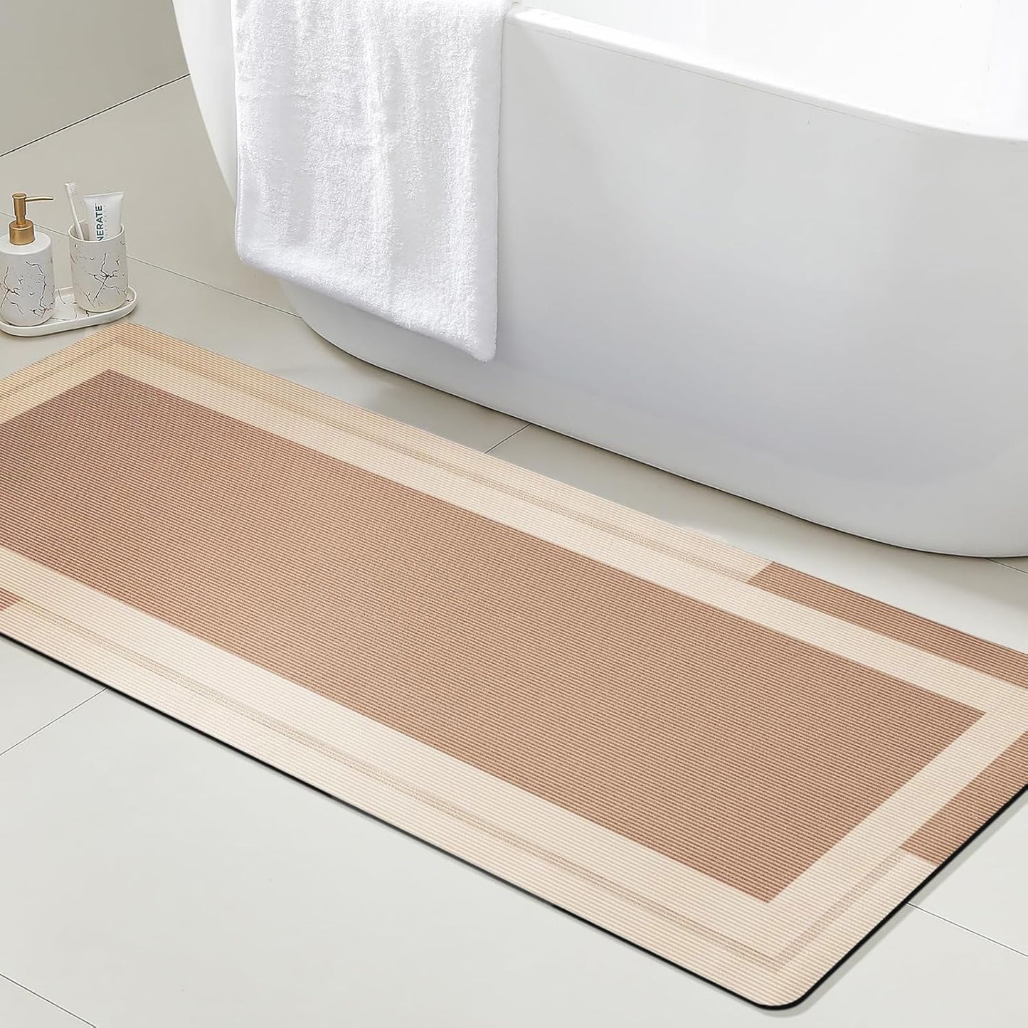 ACCUMTEK Non Slip Bath Mat, Thin Bathroom Rugs Fit Under Door, Quick Dry Bath Mats, Machine Washable Bath Rugs for Bathroom, Bathtub & Kitchen, Grey/Bordered/24 x17