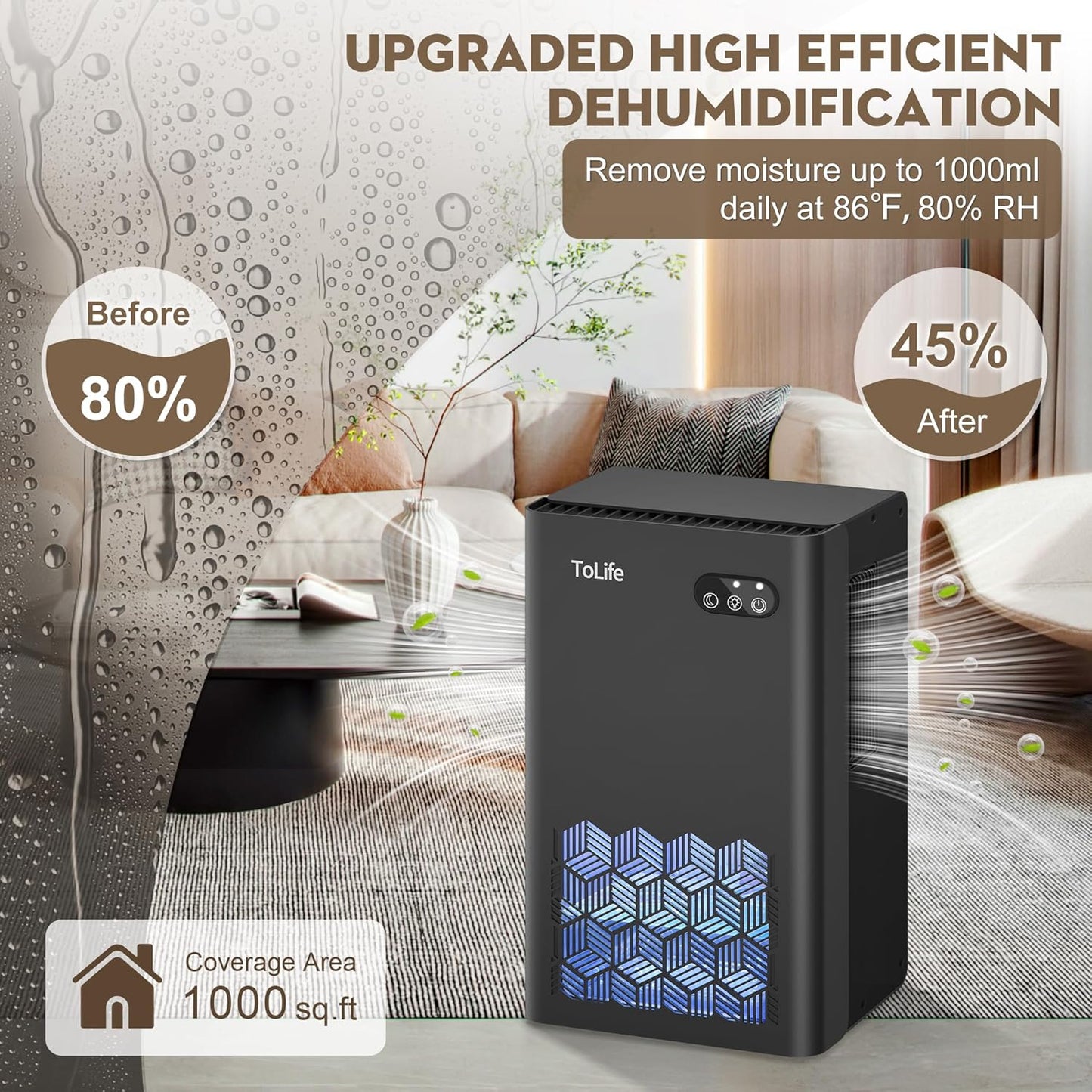 ToLife Dehumidifier for Home 95 OZ Water Tank, 1000 sq.ft Dehumidifiers for Basement Bedroom Bathroom with Auto Shut Off 7 Colors LED Light, Grey