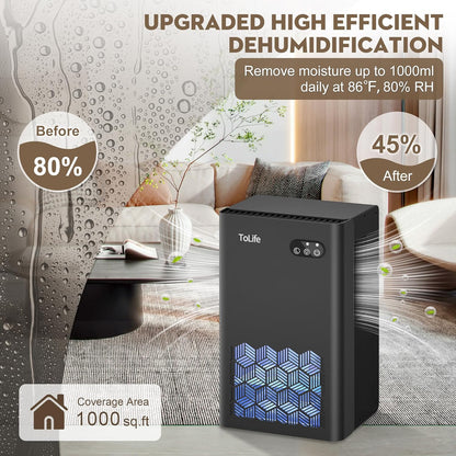 ToLife Dehumidifier for Home 95 OZ Water Tank, 1000 sq.ft Dehumidifiers for Basement Bedroom Bathroom with Auto Shut Off 7 Colors LED Light, Grey