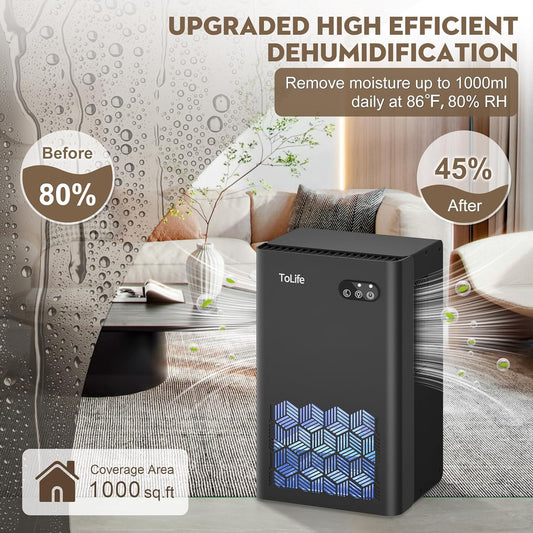 ToLife Dehumidifier for Home 95 OZ Water Tank, 1000 sq.ft Dehumidifiers for Basement Bedroom Bathroom with Auto Shut Off 7 Colors LED Light, Grey
