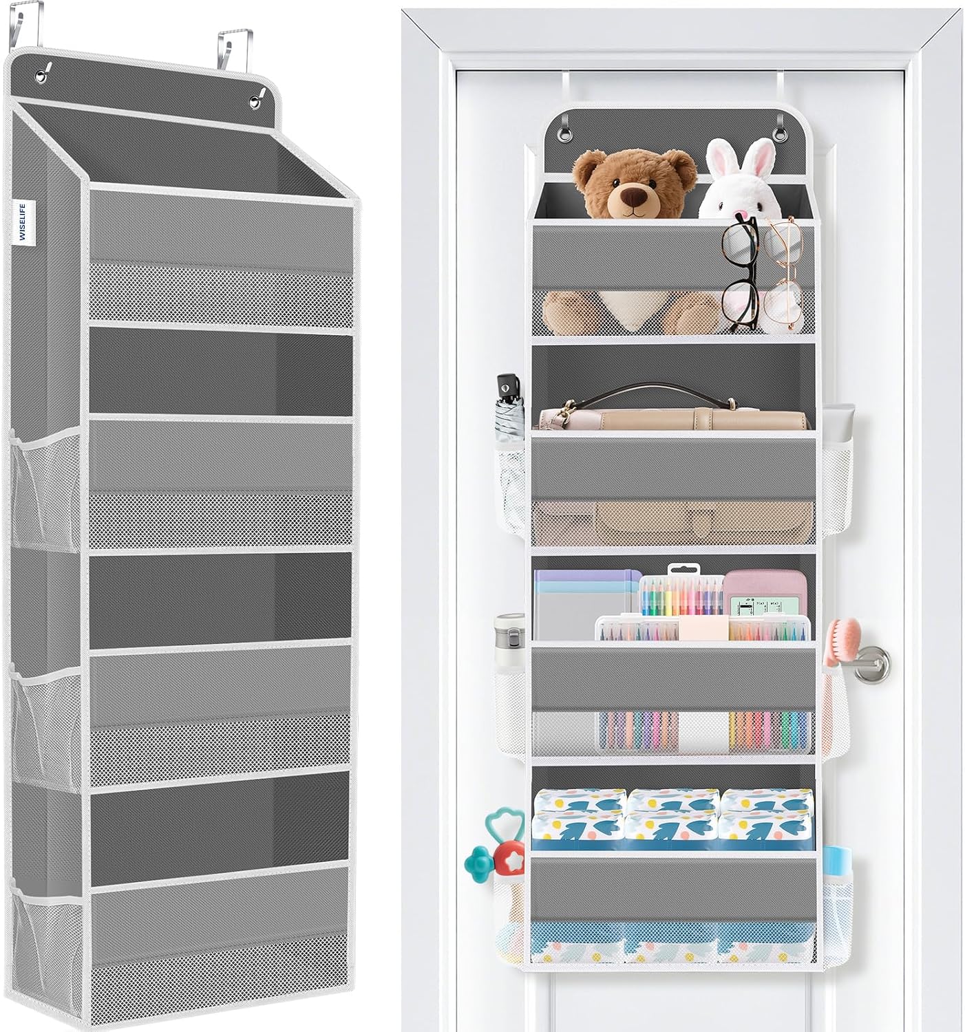 WISELIFE Over The Door Organizer Storage 4 Shelves Large Capacity Hanging Bedroom Storage Solution with 6 Side Pockets for Dorm Bathroom Pantry Nursery and Baby Essentials Holds up to 40 Lbs (Black)