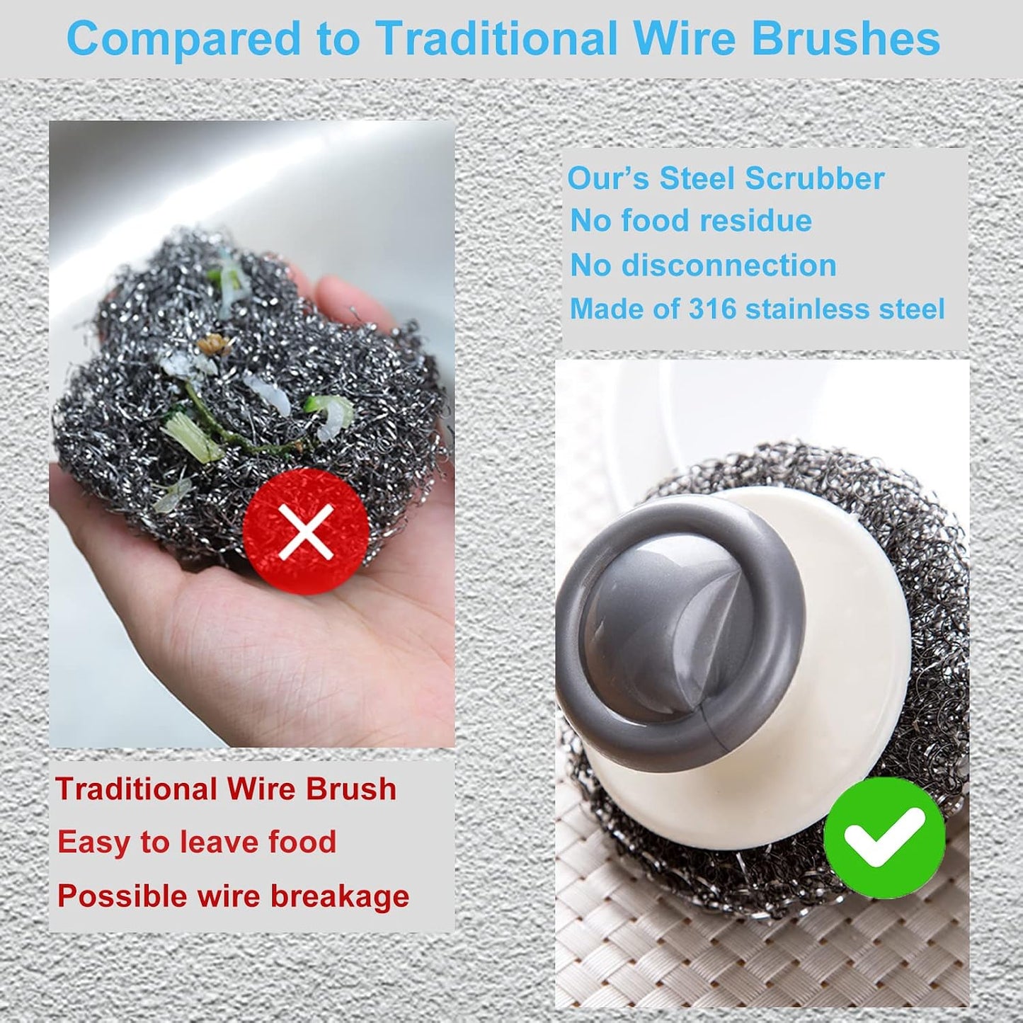 4Pcs Steel Wool Scrubber Set, Stainless Steel Scrubber with Stainless Steel Handle, for Cleaning Dishes, Cast Iron, Stock Pots, Pans, Griddles, Grills