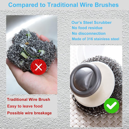 4Pcs Steel Wool Scrubber Set, Stainless Steel Scrubber with Stainless Steel Handle, for Cleaning Dishes, Cast Iron, Stock Pots, Pans, Griddles, Grills