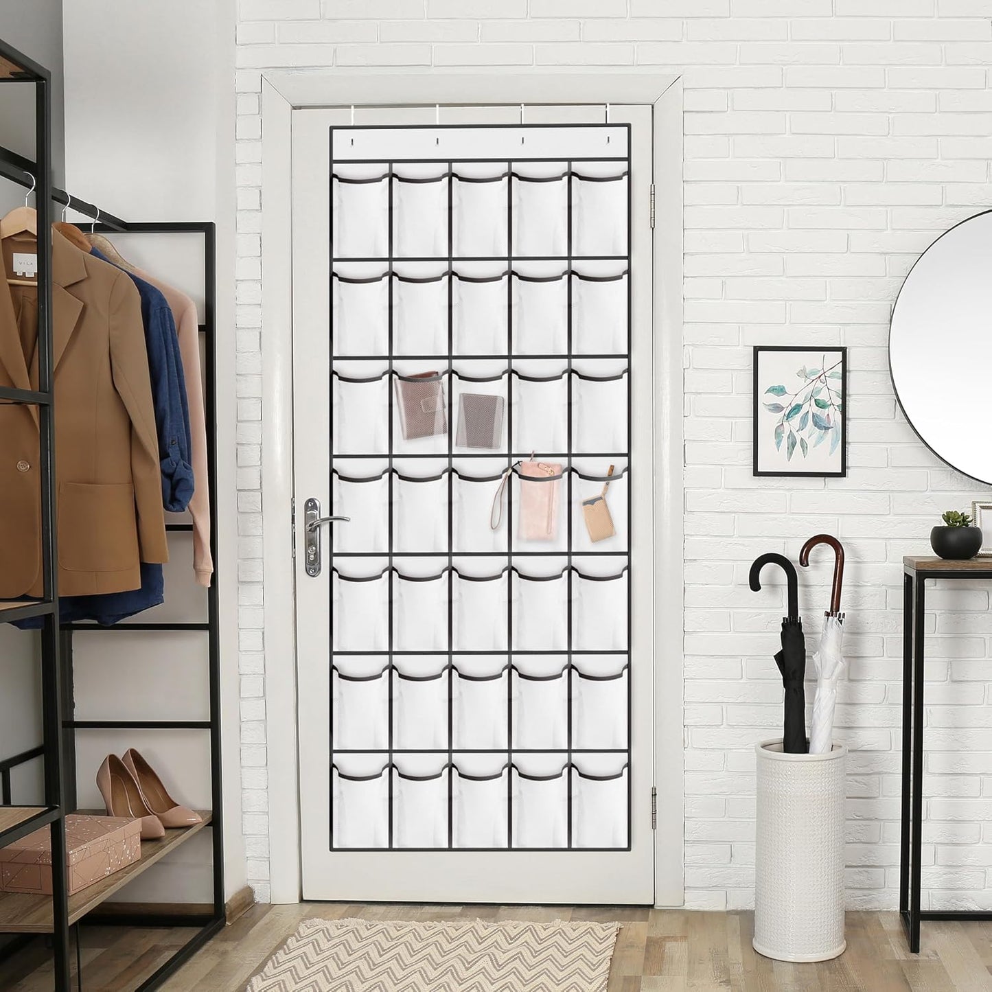 WVM Over the Door Shoe Organizer with 35 Breathable Mesh Pockets, Hanging Shoe Organizer for Door with 4 Metal Hooks, Large Capacity Closet Storage for Shoes, Accessories, Grey