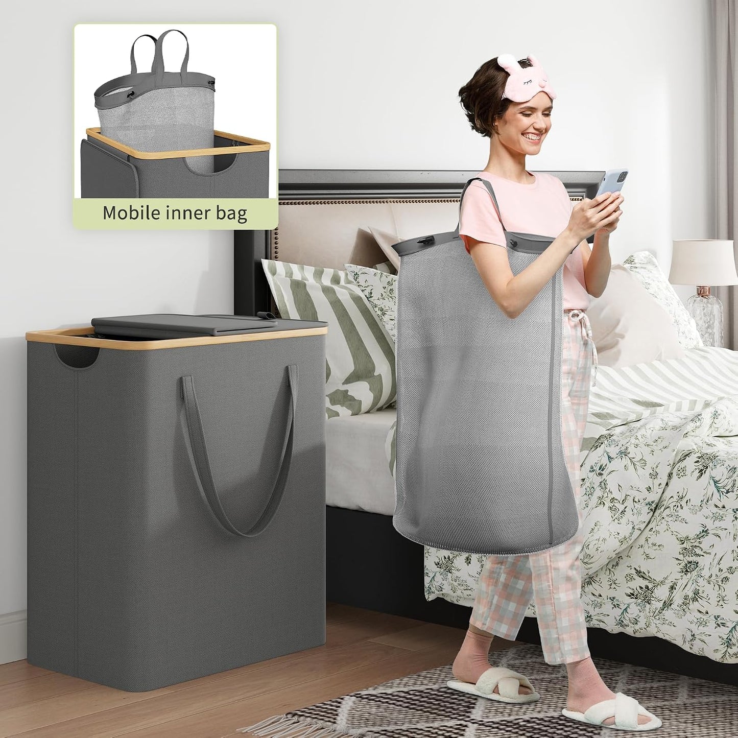 175L Laundry Hamper with Lid 3 Section, Extra Large Laundry Basket with 3 Removable Bags, 46 GAL Laundry Basket Organizer for Bedroom, Laundry Room, Dorm, Grey