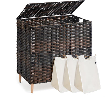 SONGMICS 3-Section Laundry Hamper with Lid, 42.2 Gal (160L) PE Rattan Laundry Basket with Removable Washable Liners, for Bedroom & Living Room, Chestnut Brown ULCB223ME01