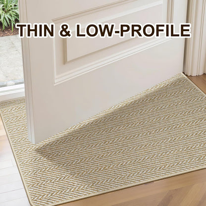 Ultra Thin Door Mat Indoor Entrance 17"x29", Low-Profile Indoor Door Mat, Non Slip Entry Mat Rubber Backing Unique Herringbone Design Inside Doormat Dirt Trapper Entryway Mats, Beige
