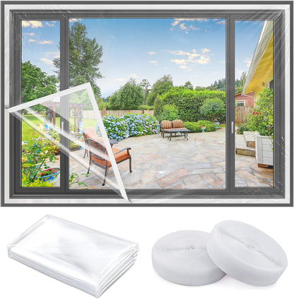 Heavy Duty Window Insulation Kit for Winter - 75 in x 79 in Clear Plastic 180㎛ Thick Shrink Film on Windows and Patio Doors, Reusable Storm Window Kit for Sliding Doors & Large Windows