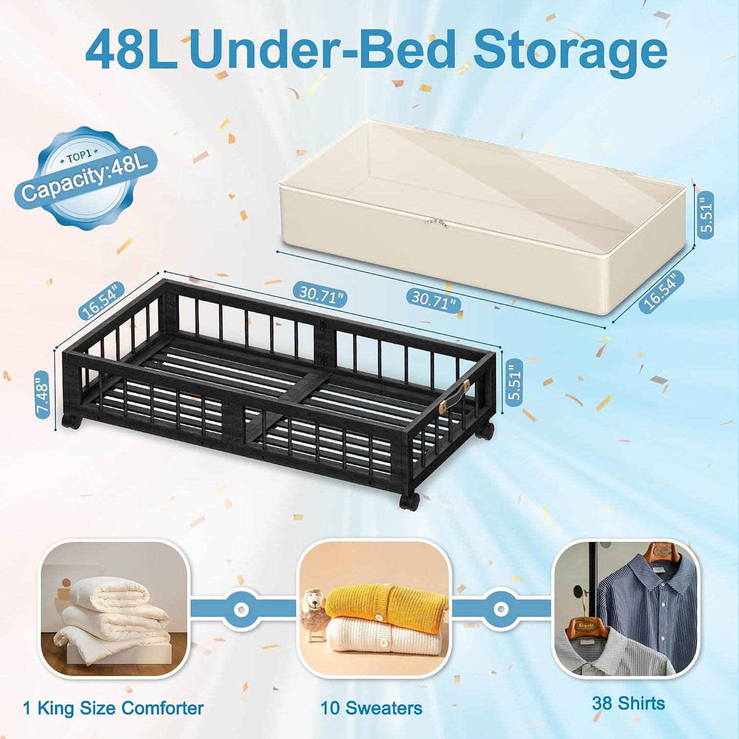 efluky 2-Pack Bamboo Under Bed Storage with Wheels, Rolling UnderBed Storage Basket with Large Dust Bag, Under Bed Storage Containers for Bedroom, Dorm and Basement, Nature