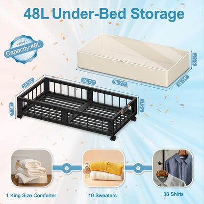 efluky 2-Pack Bamboo Under Bed Storage with Wheels, Rolling UnderBed Storage Basket with Large Dust Bag, Under Bed Storage Containers for Bedroom, Dorm and Basement, Nature