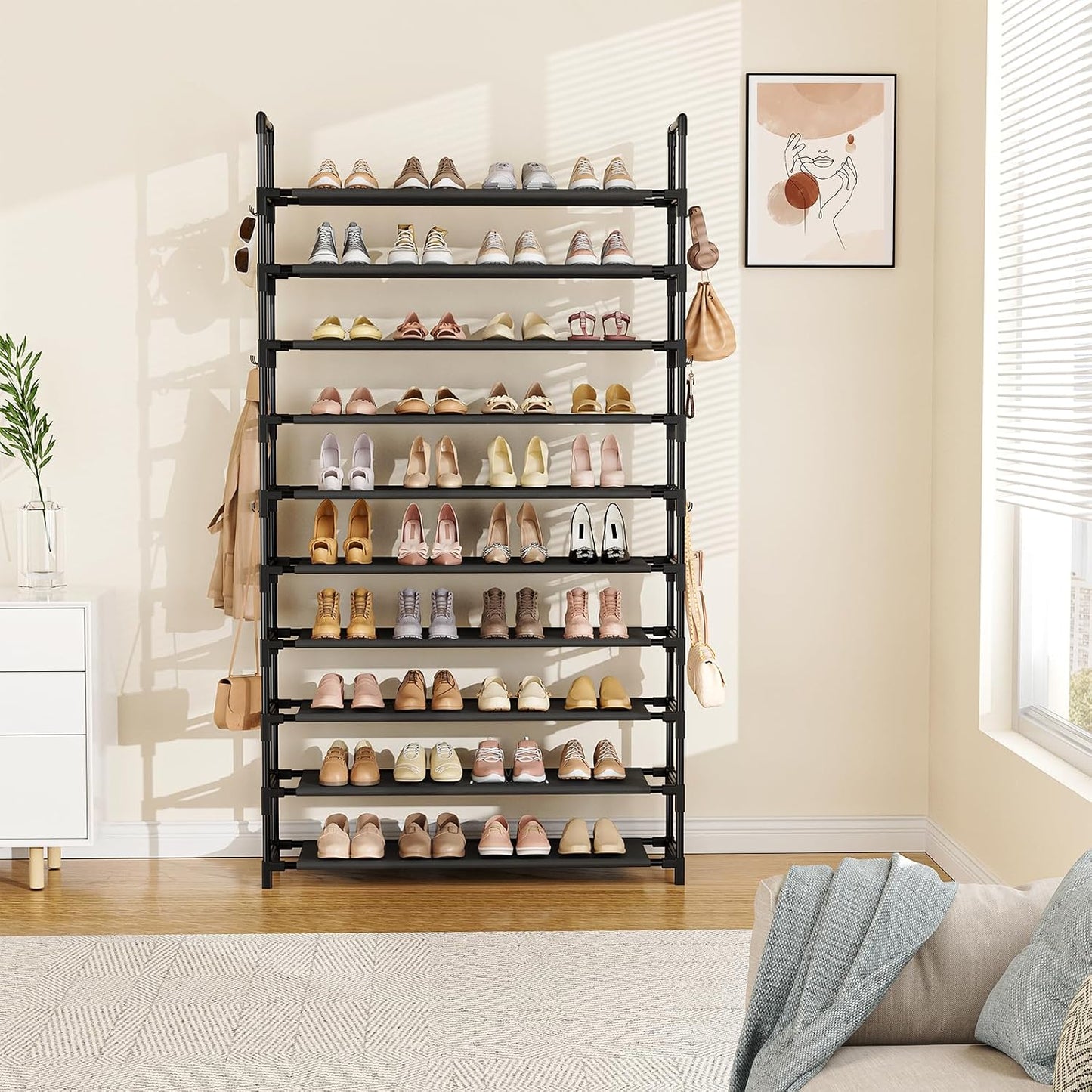 LANTEFUL 10 Tiers Tall Shoe Rack 20-25 Pairs Boots Organizer Storage Sturdy Narrow Shoe Shelf for Entryway, Closets with Hooks, Black