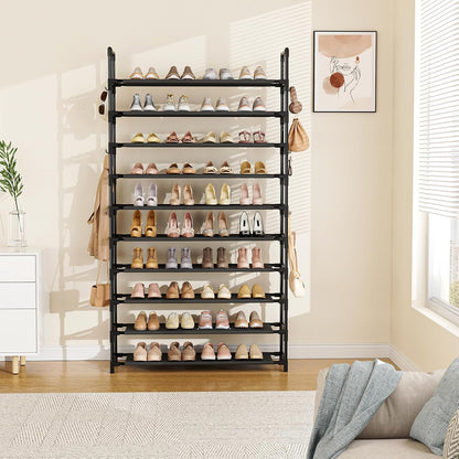 LANTEFUL 10 Tiers Tall Shoe Rack 20-25 Pairs Boots Organizer Storage Sturdy Narrow Shoe Shelf for Entryway, Closets with Hooks, Black