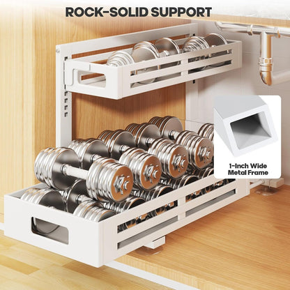 2 Pack Under Sink Organizer,Pull Out Cabinet Organizer with Smooth Cylindrical Rail,Metal Slide Out Drawer for Kitchen Bathroom Laundry Cabinet,8-Level Tool Free Height Adjustable-Black