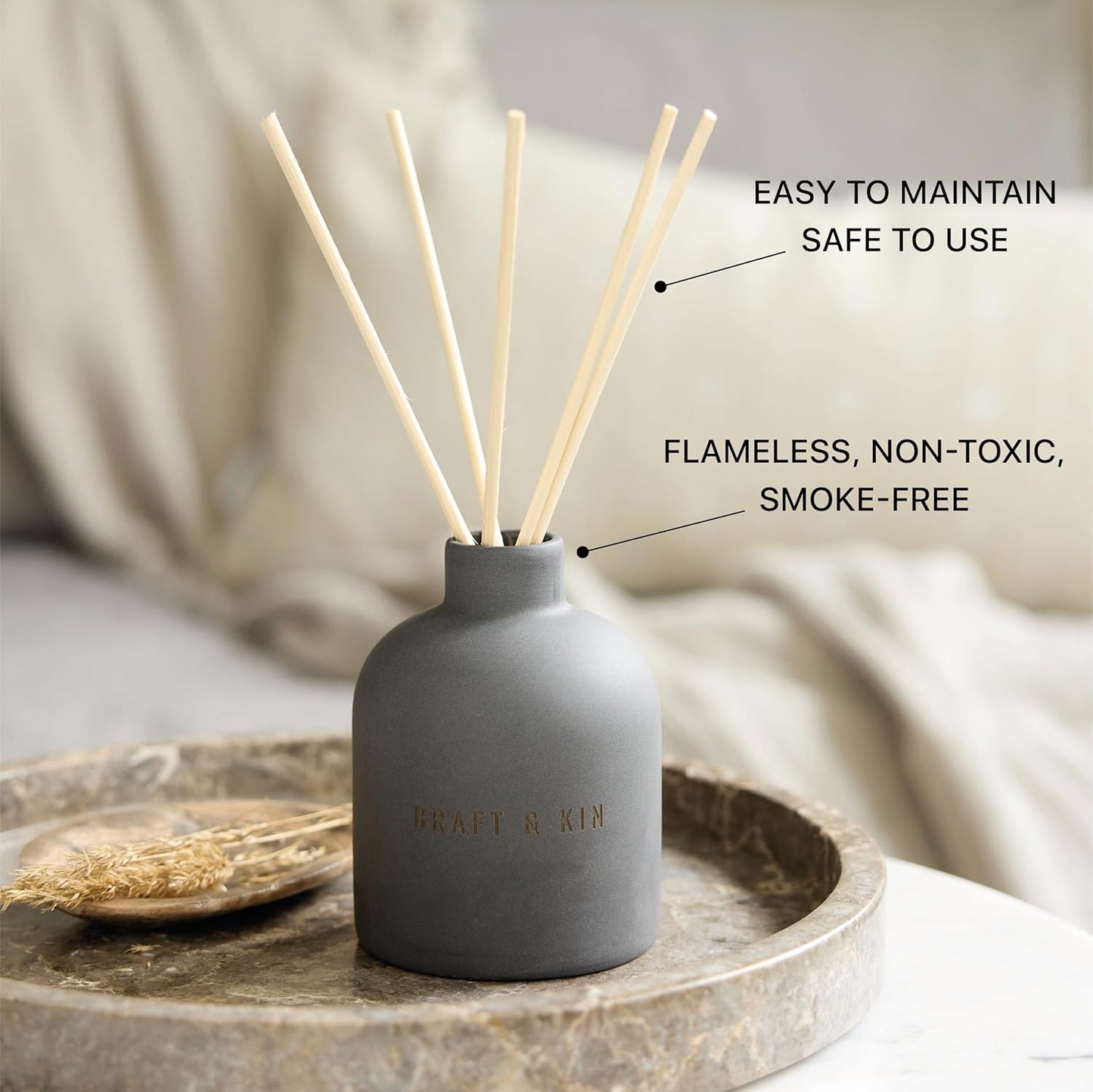 Craft & Kin Reed Diffuser for Home & Bathroom – Neroli & Jasmine Holiday Reed Diffuser Set with Fragrance Sticks, Long-Lasting Alcohol-Free Winter Scent, Earthenware Collection, 6.7oz