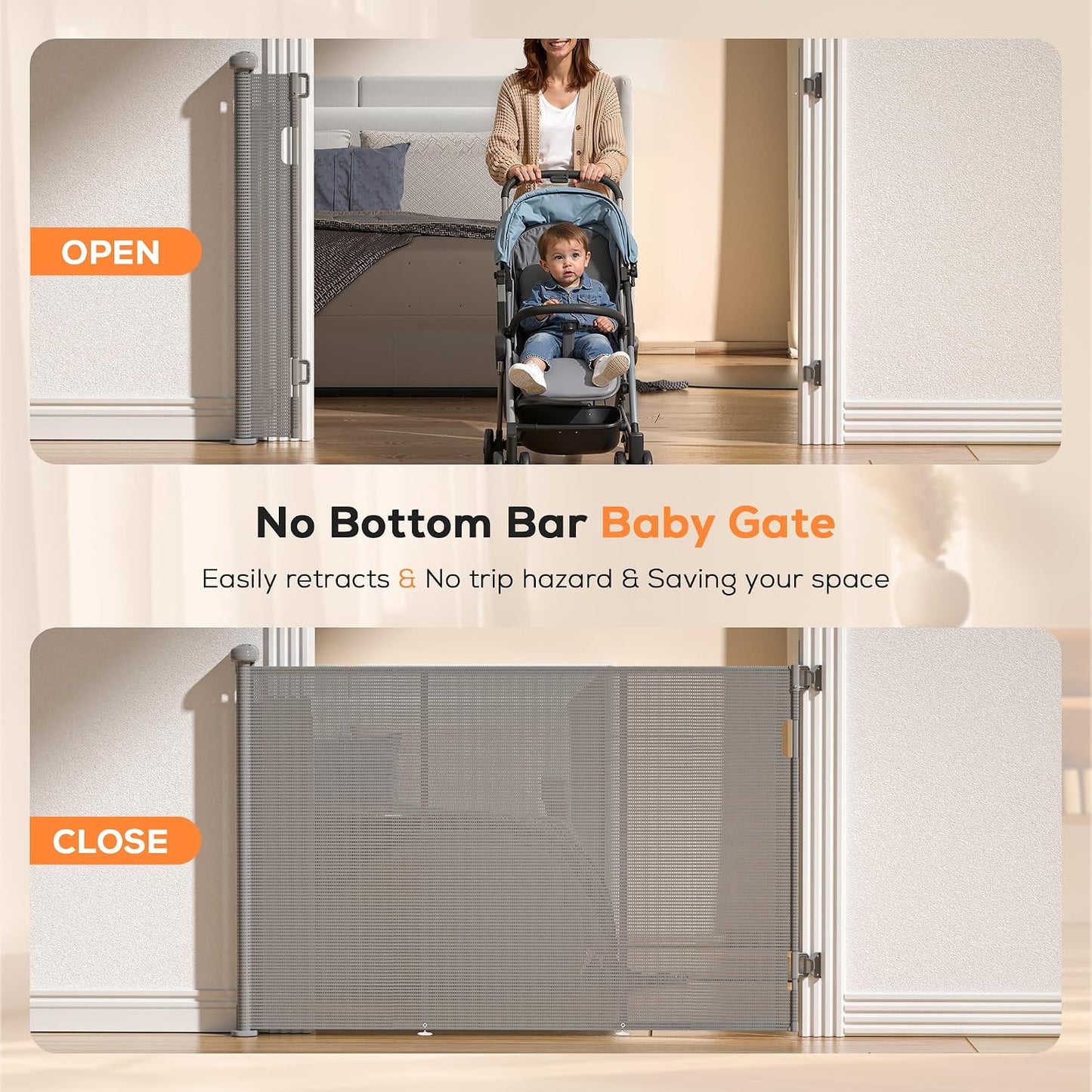 Retractable Baby Gate for Stairs, 42" Tall X 200" Wide Mesh Dog Gate Indoor, Child Gate for Doorways, Hallways, Deck, Indoor Outdoor Pet Baby Safety Essentials for Home, Black