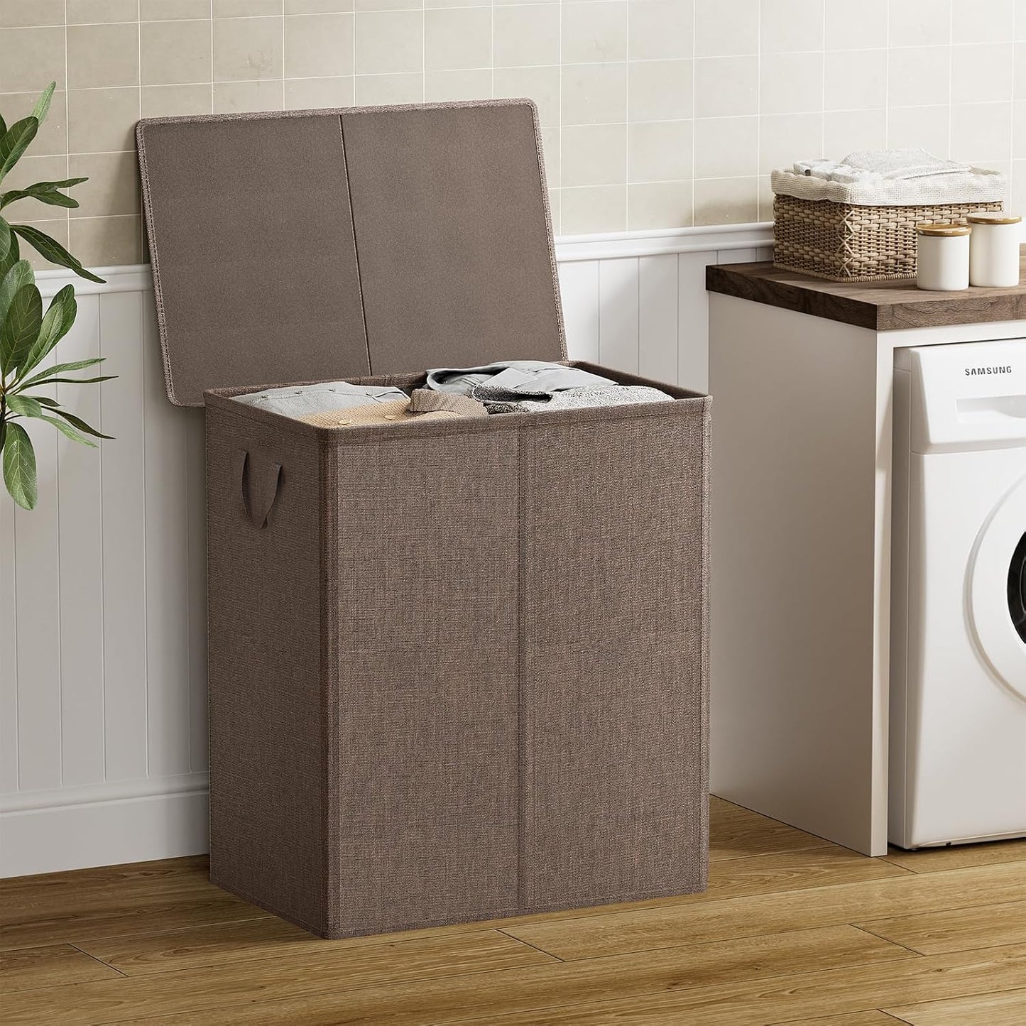 Chrislley 140L Laundry Hamper 2 Section, Double Laundry Basket with Lid, Large Dirty Clothes Hamper with Removable Liner Bags, Collapsible Laundry Organizer for Bedroom, Dorm,Beige