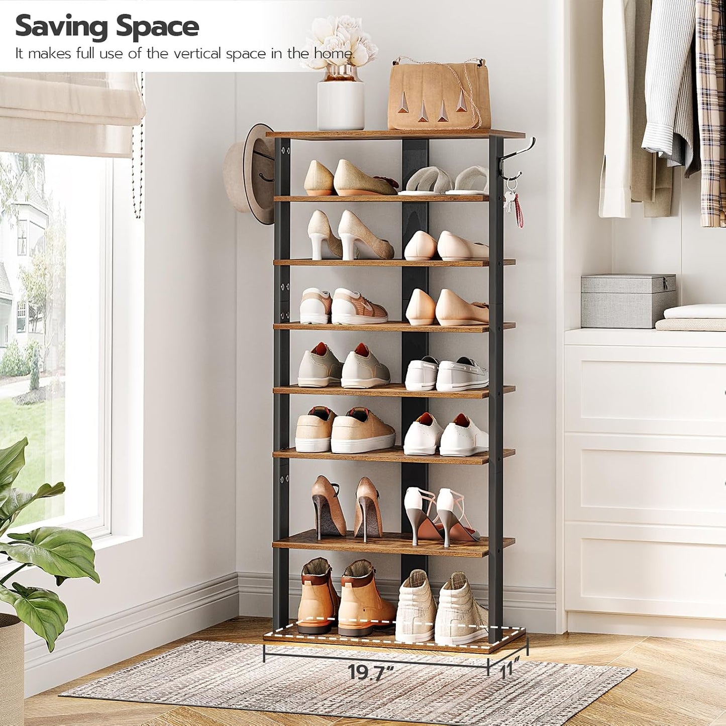 HOOBRO 8 Tiers Vertical Shoe Rack, Wooden Shoe Storage Organizer with Hooks, Narrow Shoe Tower for 8 Pairs, Space Saving, for Entryway, Living Room, Bedroom, Rustic Brown BF07XJ01G1