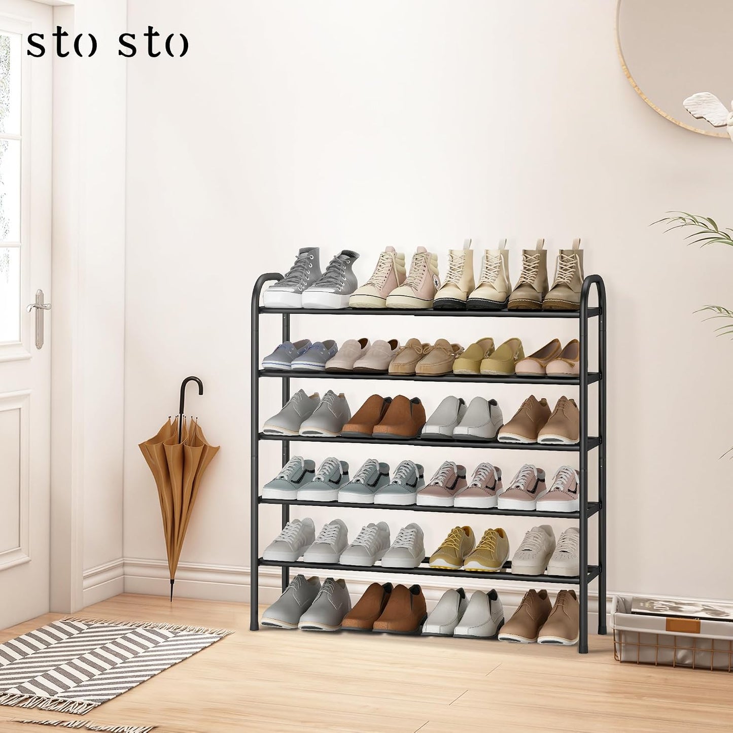 STO STO Expandable Shoe Rack, 3-Tier Metal Small Shoe Rack for Closet, Up to 16 Pairs Adjustable Shoes Racks Storage for Front Door Entrance, Free Standing Shoes Rack Organizer for Entryway, Black