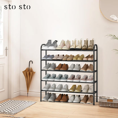 STO STO Expandable Shoe Rack, 3-Tier Metal Small Shoe Rack for Closet, Up to 16 Pairs Adjustable Shoes Racks Storage for Front Door Entrance, Free Standing Shoes Rack Organizer for Entryway, Black