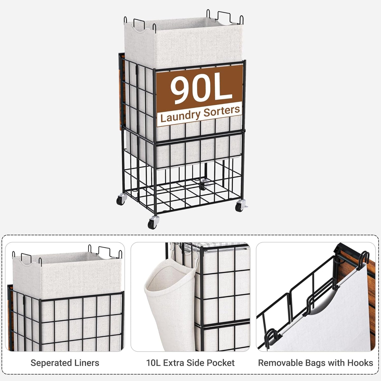 Laundry Basket with Wheels, Heavy Duty Laundry Sorter 2 Sections, 120L (32Gal.) Large Capacity Laundry Hamper with Wood Lid, 360 Rolling Wheels, Extra Side Pocket, Leather Pull Handle, Beige