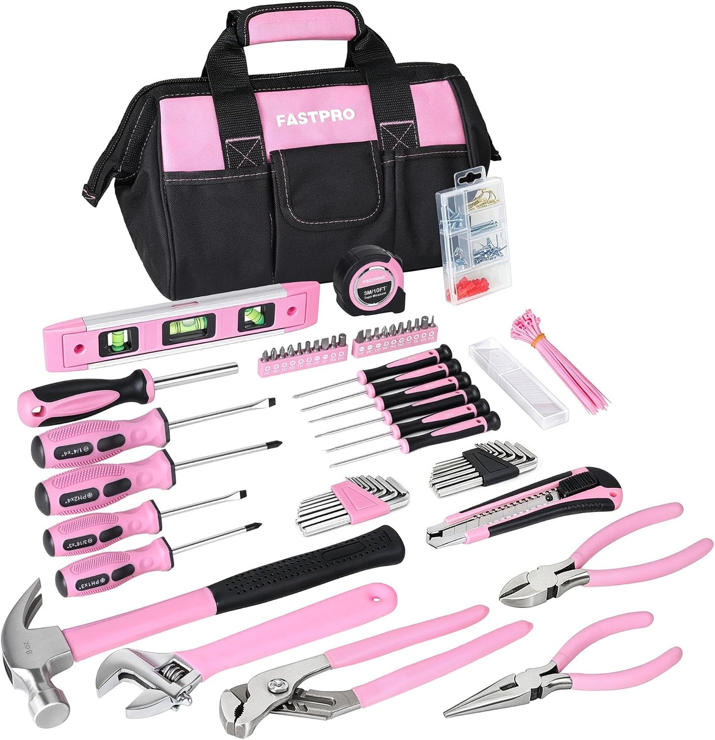 FASTPRO 215-Piece Home Repairing Tool Set with 12-Inch Wide Mouth Open Storage Bag, Household Hand Tool Kit,Red