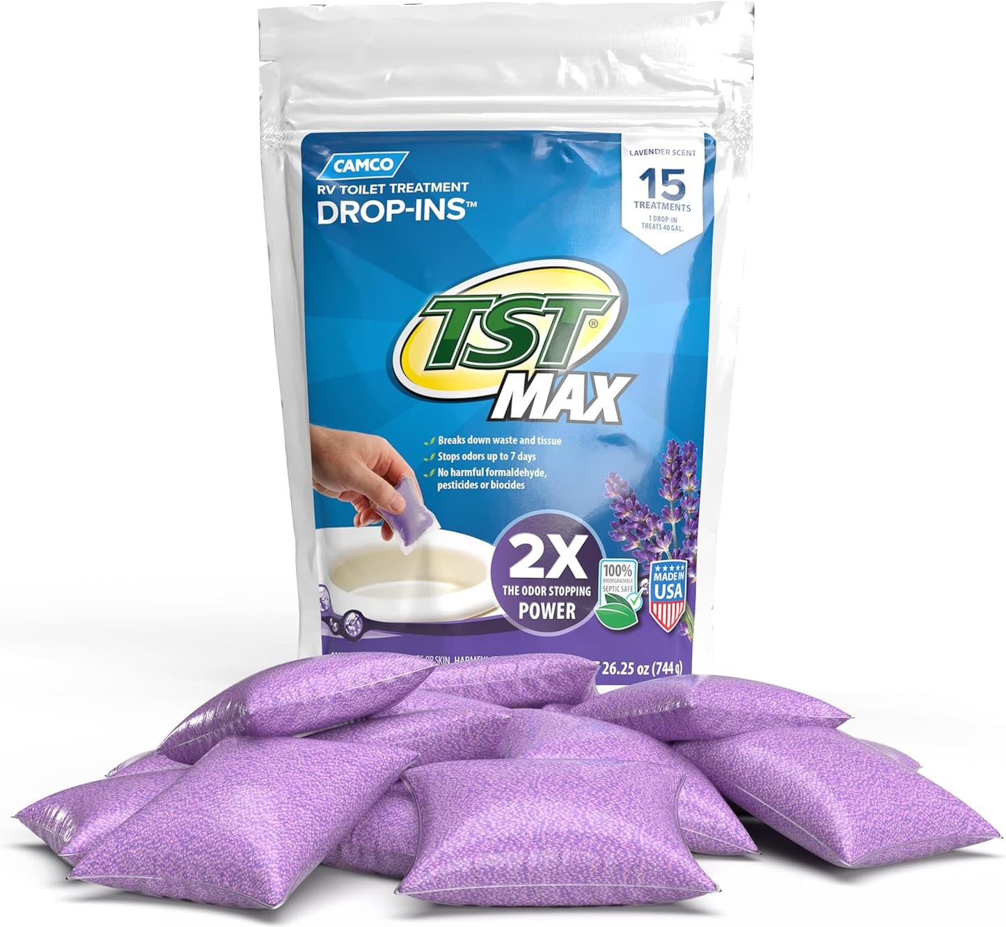 Camco TST MAX RV Toilet Treatment Drop-INs - Control Unwanted Odors and Break Down Waste and Tissue - Septic Tank Safe - Lavender Scent - 30-pack (41553)