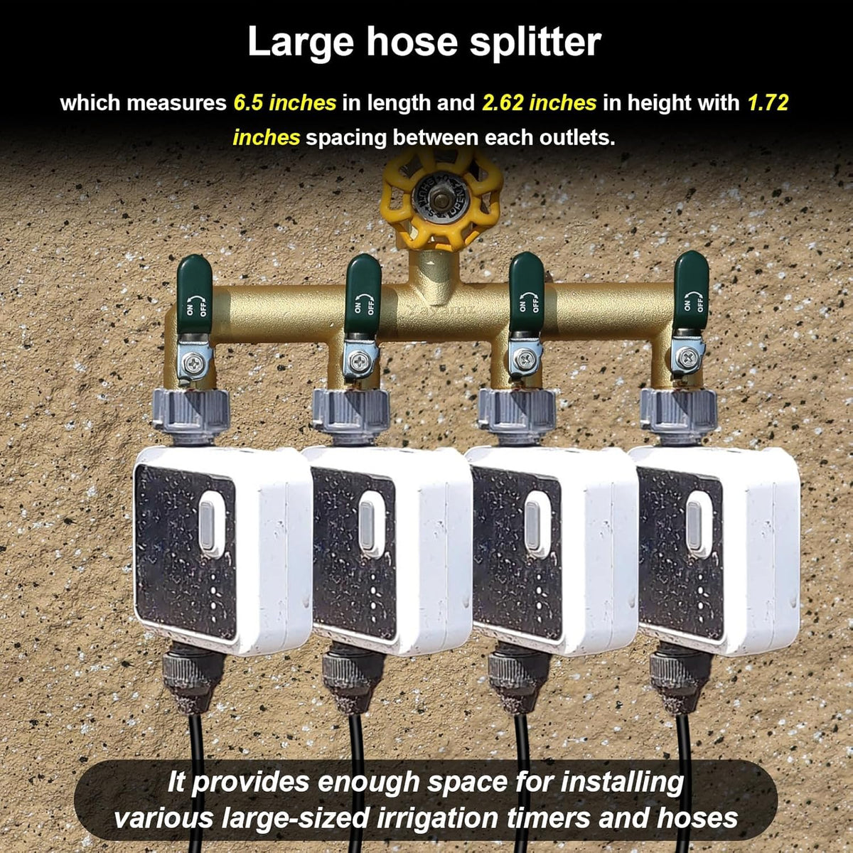 Garden Hose Splitter, 3/4” Rust and Freeze Resistant Outdoor Hose Manifold with 2 Green Extra Long Handles Faucet Adapter-Heavy Duty Brass 2-Way Valve