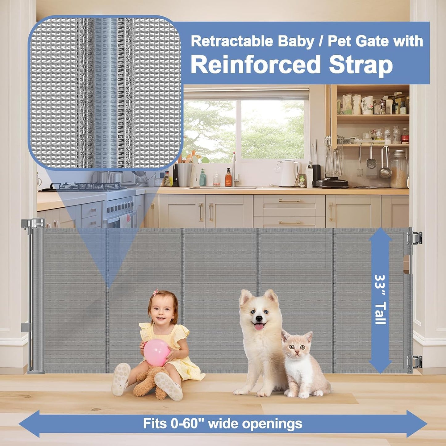 Reinforced Retractable Baby Gates with Support Beam 60" Wide Retractable Dog Gate Indoor Prevent Children and Dogs from Crawling Under Outdoor Dog Gate for Deck Mesh Gates for Kids or Pets, Black