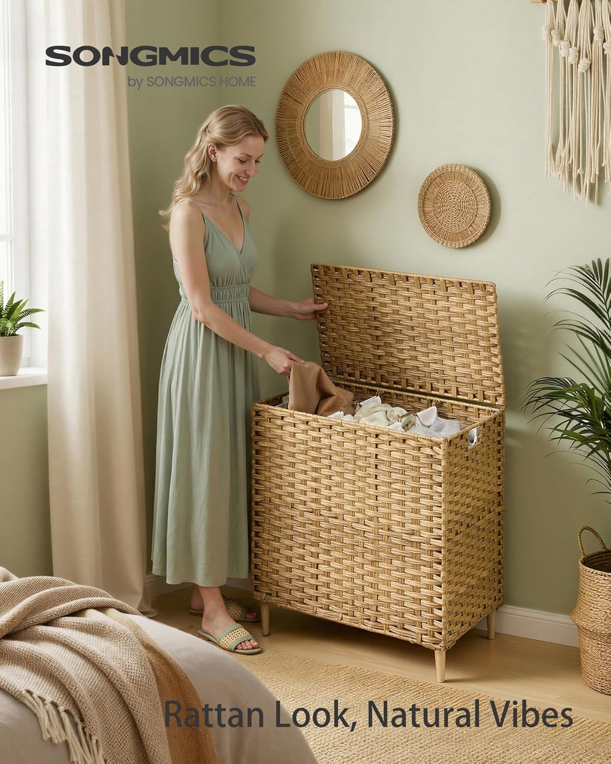 SONGMICS 3-Section Laundry Hamper with Lid, 42.2 Gal (160L) PE Rattan Laundry Basket with Removable Washable Liners, for Bedroom & Living Room, Chestnut Brown ULCB223ME01