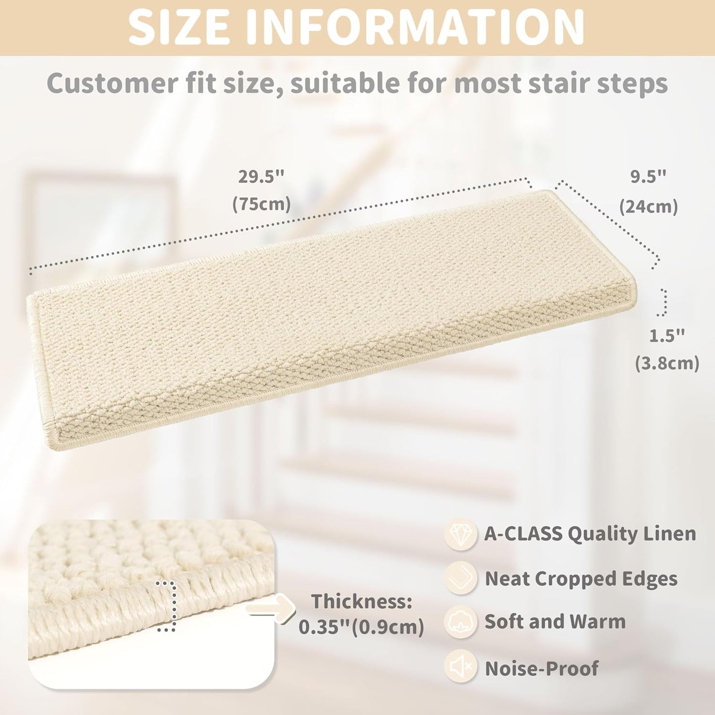 Brakki Bullnose Carpet Stair Treads, Non Slip Stair Treads for Wooden Steps Indoor, Stair Runner, Soft Stair Rugs, Edging Stair Protectors, Washable, 29.5"x9.5"x1.5" 14pcs, Beige
