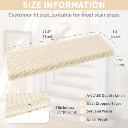 Brakki Bullnose Carpet Stair Treads, Non Slip Stair Treads for Wooden Steps Indoor, Stair Runner, Soft Stair Rugs, Edging Stair Protectors, Washable, 29.5"x9.5"x1.5" 14pcs, Beige