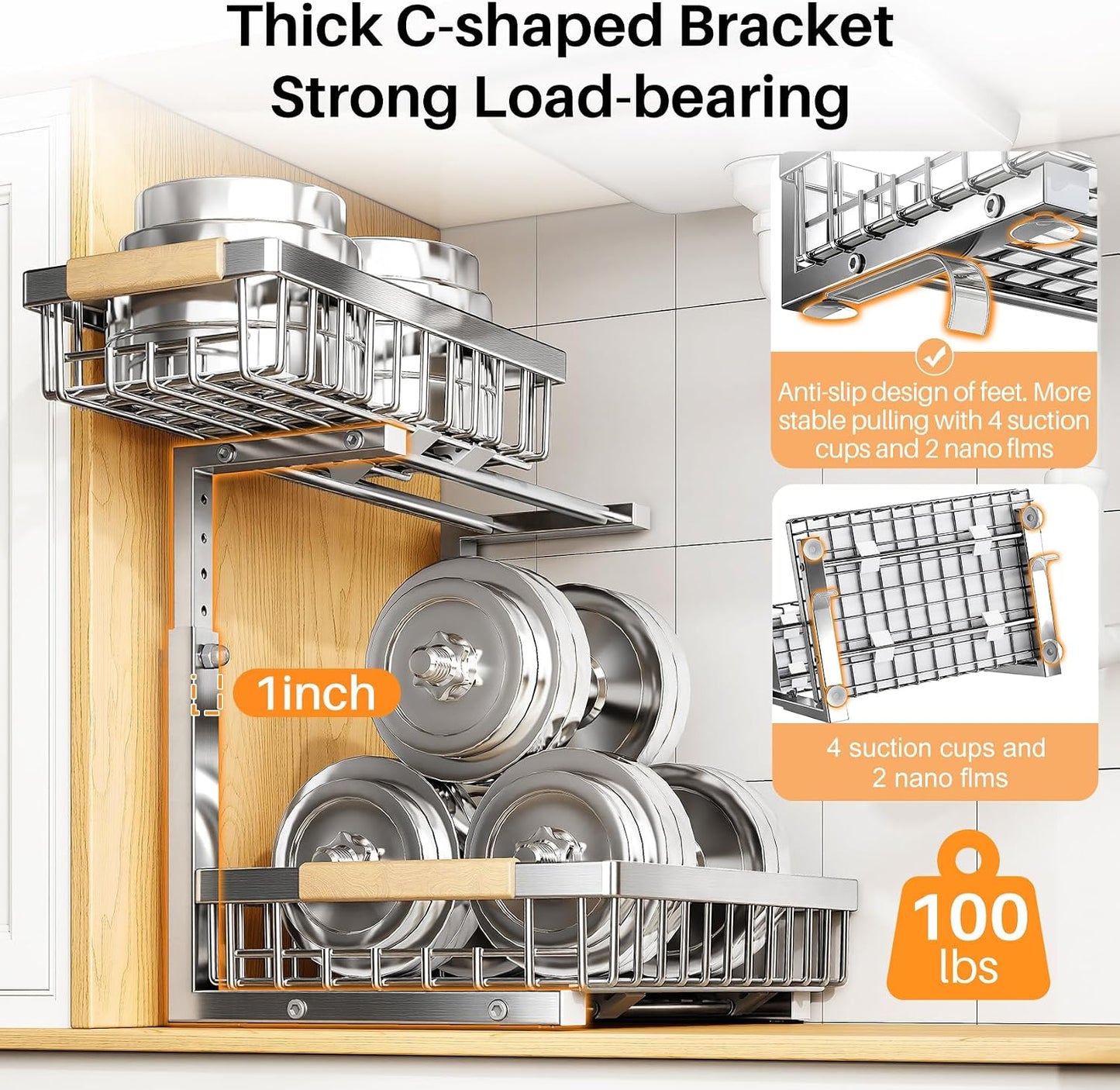 PXRACK Under Sink Organizer, Adjustable Height, 2 Tier Pull Out Under Cabinet Organizer, Slide Out Thickened Metal Under Sink Storage for Kitchen Bathroom Laundry Pantry Cabinet, White, Large-1-Pack