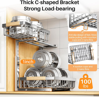 PXRACK Under Sink Organizer, Adjustable Height, 2 Tier Pull Out Under Cabinet Organizer, Slide Out Thickened Metal Under Sink Storage for Kitchen Bathroom Laundry Pantry Cabinet, White, Large-1-Pack
